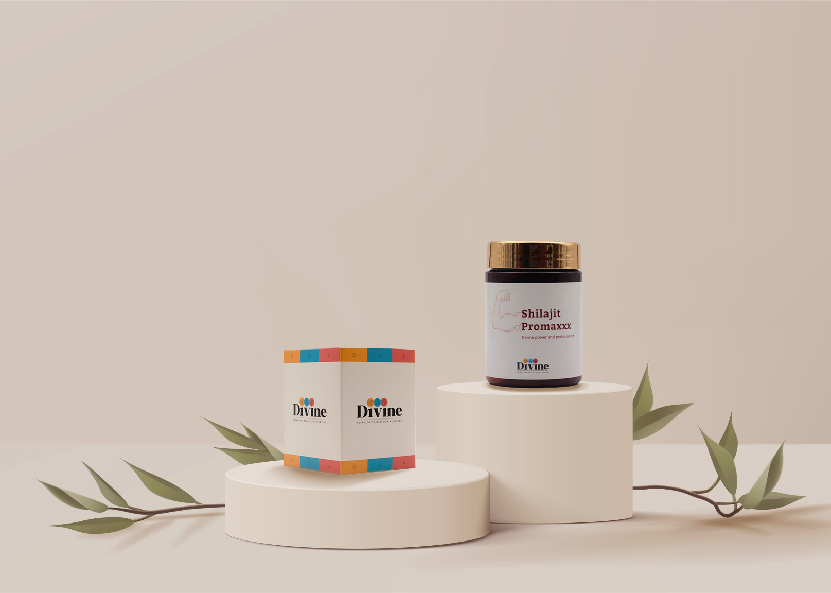 shilajit, cream podiums n bg, leaves